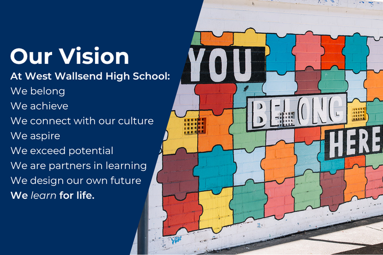 An image of our school vision next to a mural saying you belong here on top of coloured jigsaw pieces
