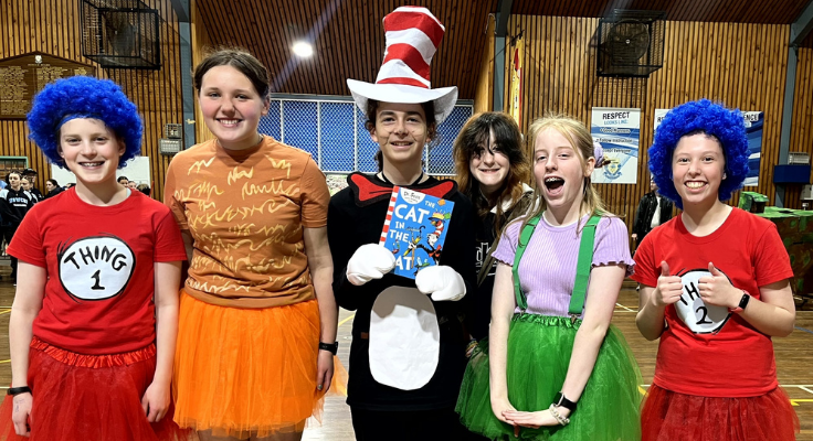 Students dressed up as book week characters from the cat in the hat