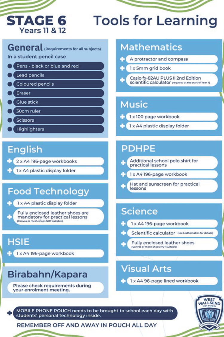 An image of stationery products required for year 11 and 12 students