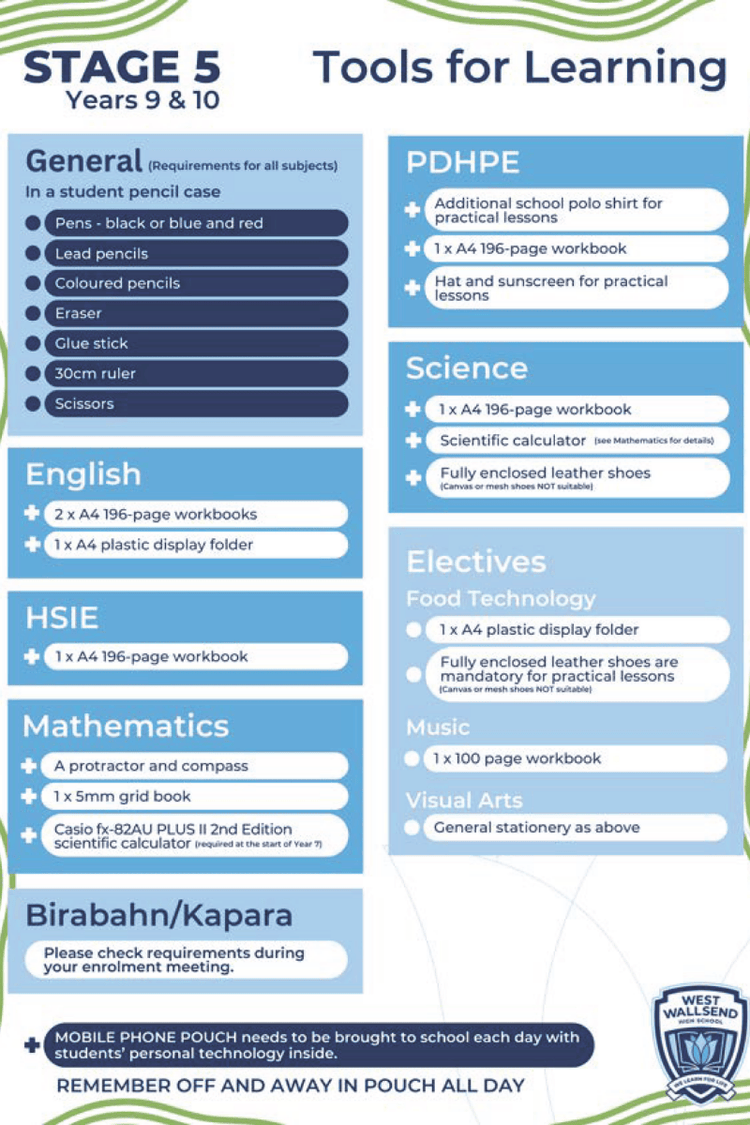 An image of stationery products required for year 9 and 10 students