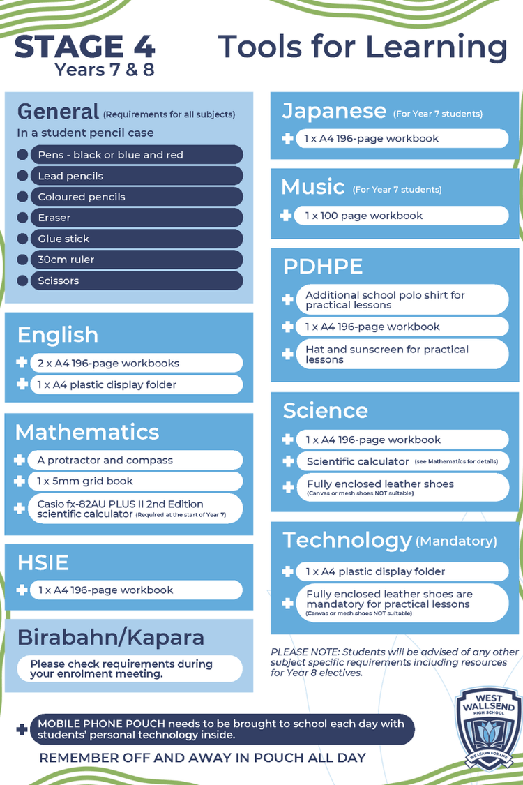 An image of stationery products required for year 7 and 8 students