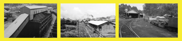 Three images of stockrington mine on a yellow background