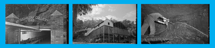 Three images of sugarloaf mine on a blue background